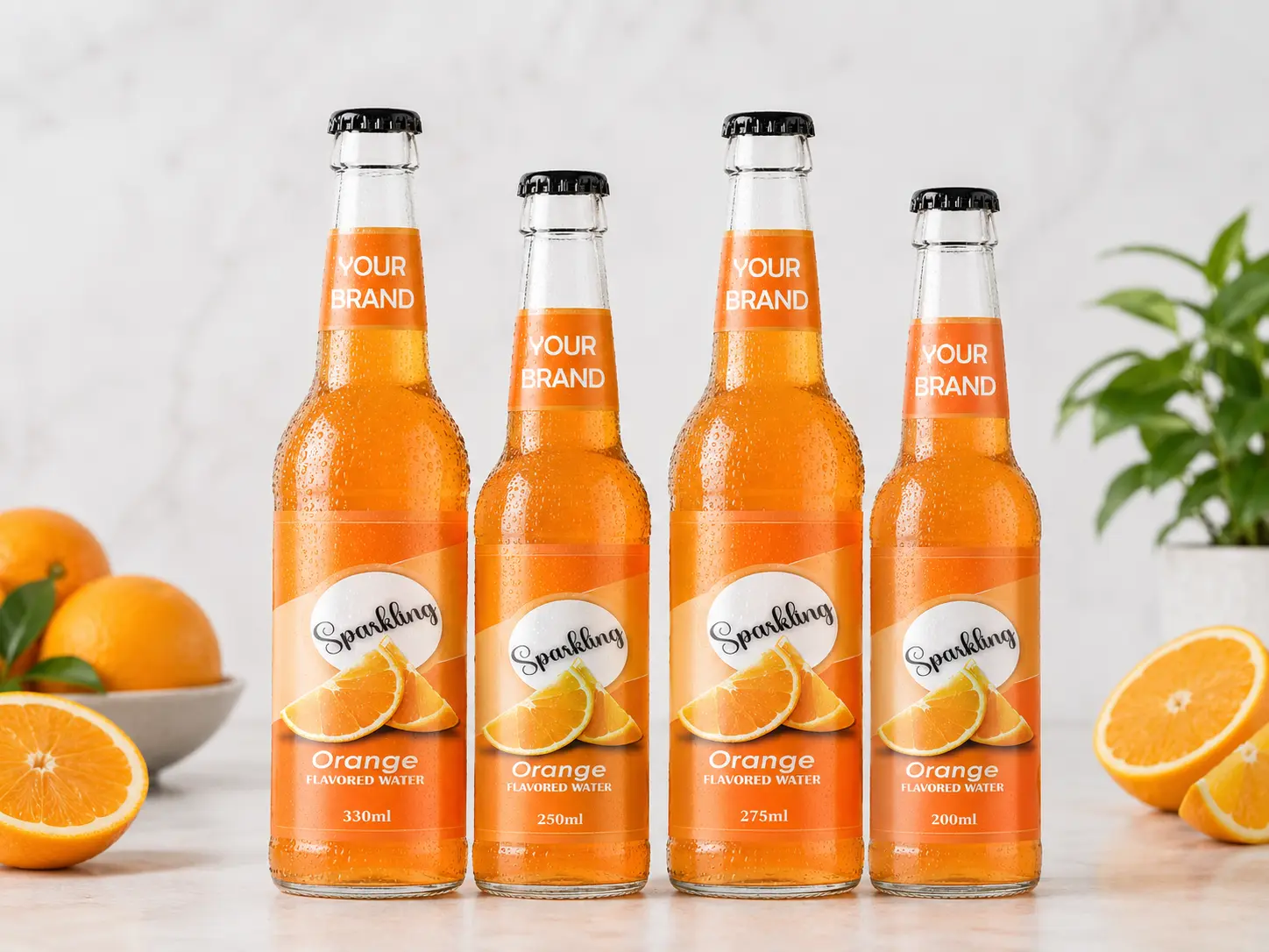 SPARKLING FLAVORED WATER Orange 330ml, 250ml, 275ml and 200ml glass bottles